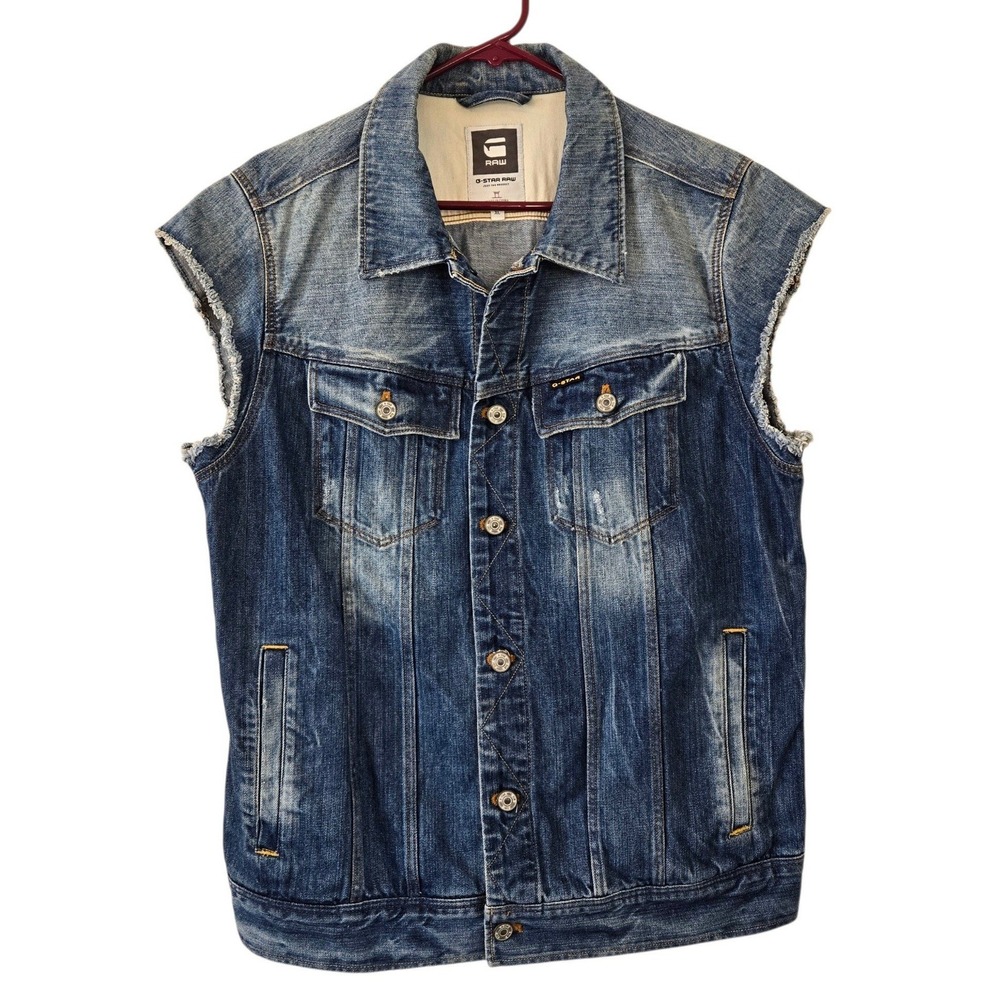 G-Star Raw Denim Vest Mens XL Blue Distressed Sleeveless Trucker Jean Jacket